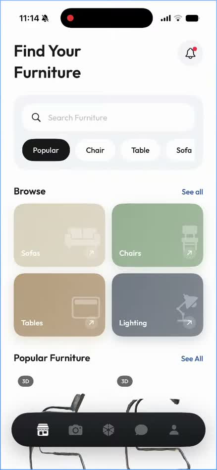 RUUM iOS prototype displaying furniture categories and 3D-tagged items