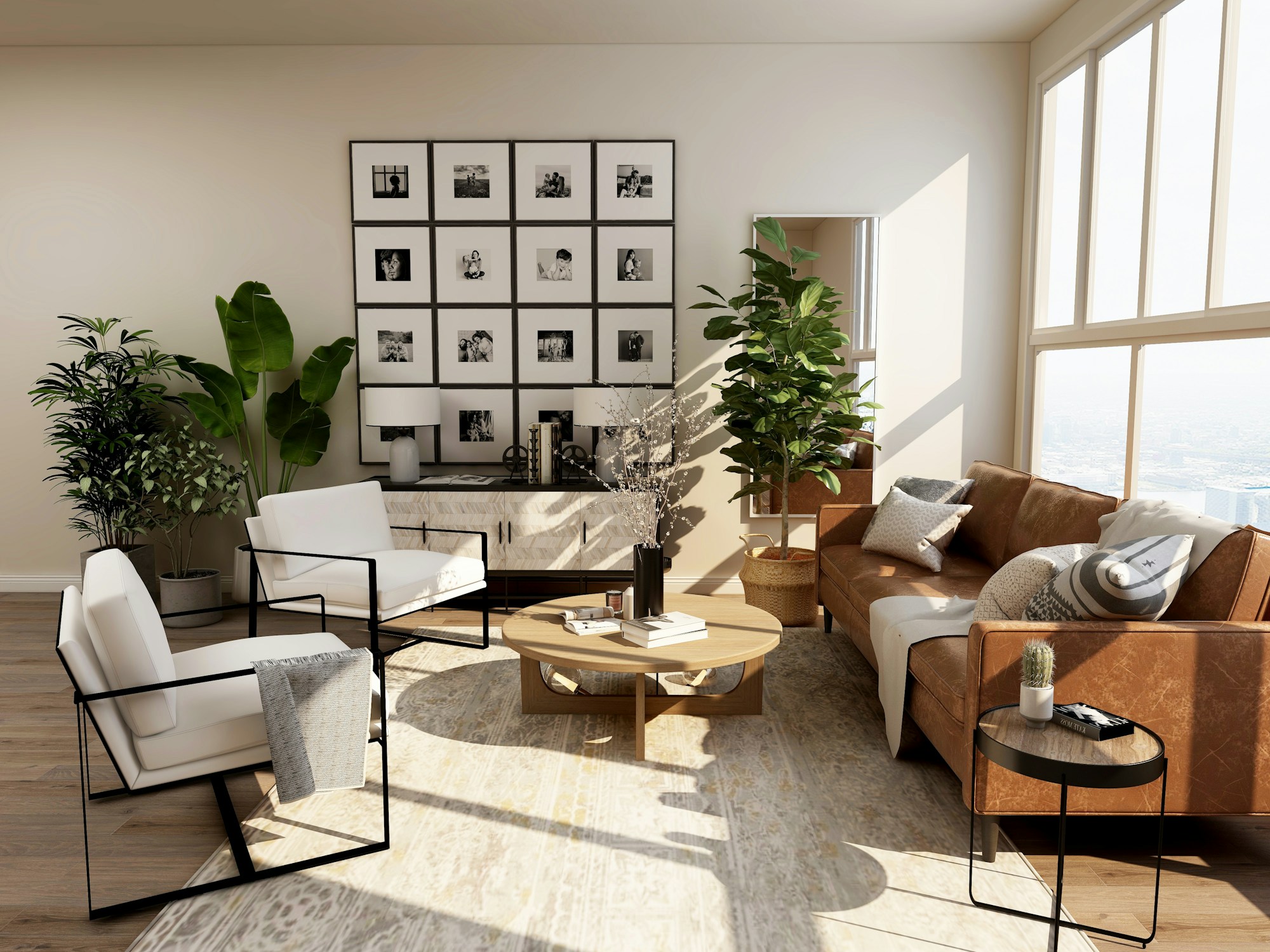 Well-kept furniture in a warm, sunlit home
